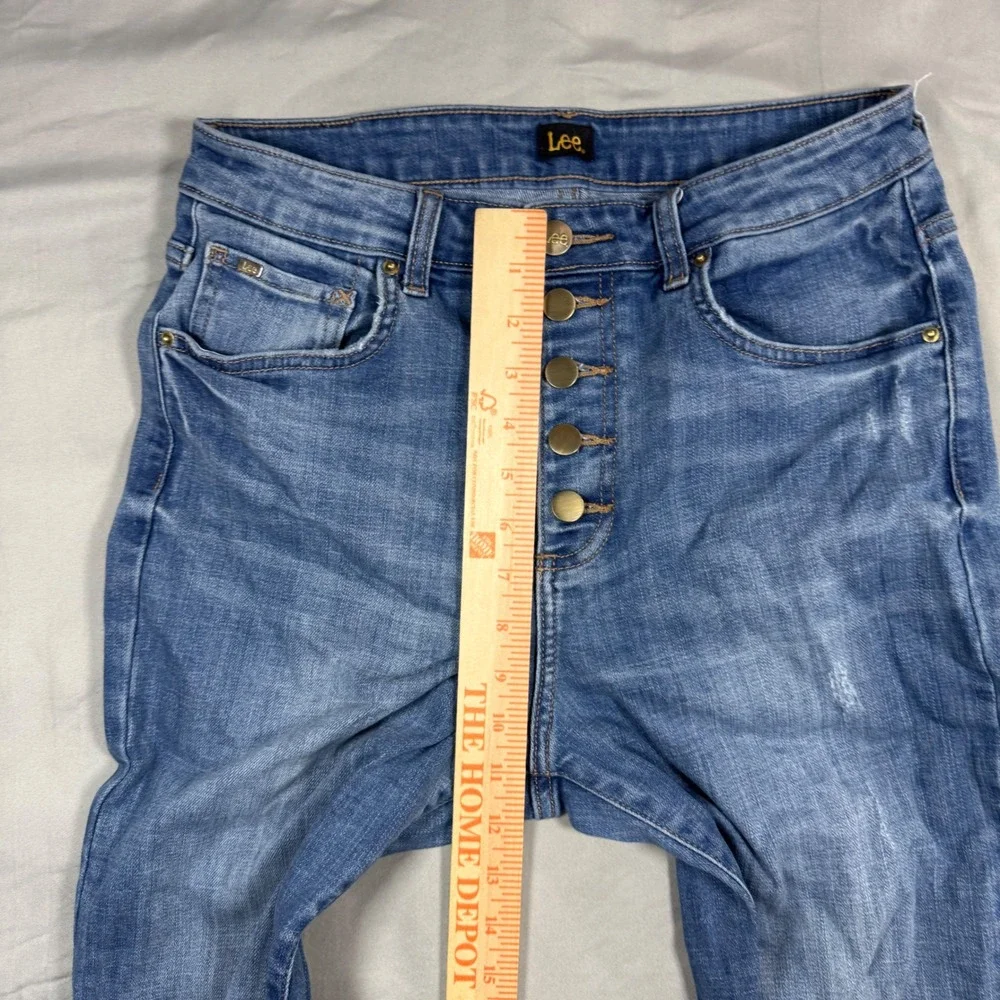 Lee Womens High Rise Flare Jeans Blue Distressed Button Fly Size 29x26